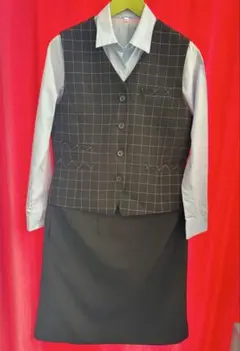 紺色事務服ベスト スカート ワイシャツセットアップ