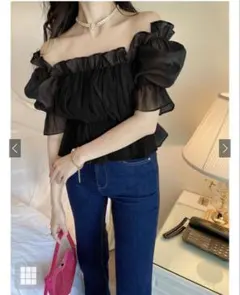 GRL/シアーギャザーショート丈ブラウス/ブラック