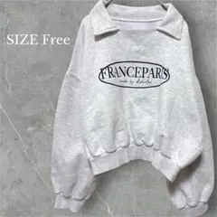 襟付きスウェットシャツ トレーナー グレー ビッグロゴ クロップド丈 カジュアル