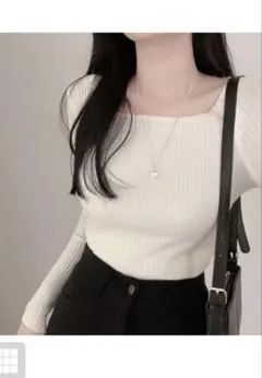 スクエアネックリブニットトップス rut072
