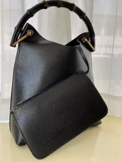 GUCCI 黒バンブー ハンドルショルダーバッグ　カーフレザー ポーチ付き