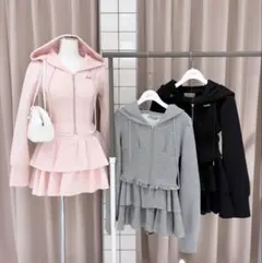 BUBBLESフード付きスカートセットアップ 3色展開PINK