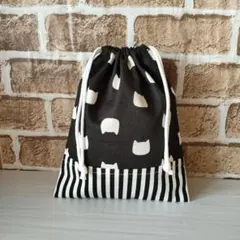 給食袋　巾着　シルエットねこちゃん⑤　くすみブラック