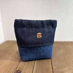 バネポーチ　デニム　ハンドメイド　刺繍　ハンバーガー