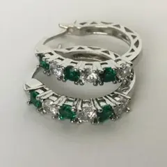 【エメラルド★ダイヤ入り★シルバー★フープピアス★ファッション★デザイン★ピアス