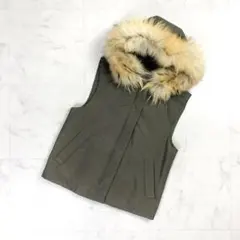 美品 セオリー ファーフード付中綿ベスト ラクーンファー カーキ S*MD253