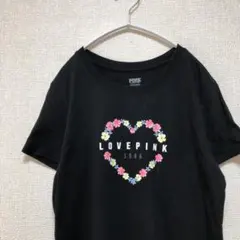 【PINK】ピンク　ブラック Tシャツ 半袖 ハート花柄 【S】