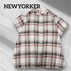 NEWYORKER ニューヨーカー　バンドカラーシャツ　チェック　M リネン混のサムネイル