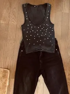 ZARA パール装飾 タンクトップ ブラックのサムネイル