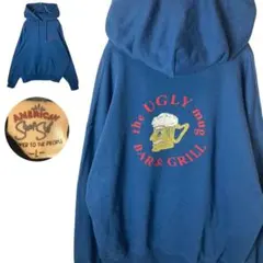 人面ビアジョッキ×バーアンドグリルデザインくすみブルースウェットパーカーゆったり