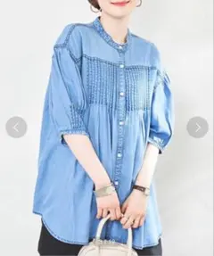 【Coen コーエン】　ピンタックブラウス　デニム　プリーツ　ゆったり　洗える