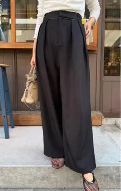 ツイードレザー ウエストパイピングワイドパンツ ブラック/fosie同型