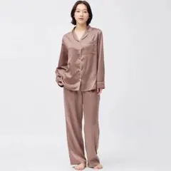 GU サテンパジャマ 長袖 ブラウン ルームウェア
