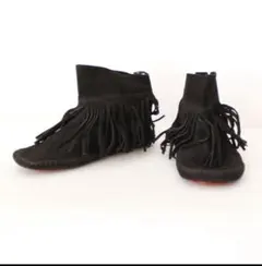 ブラックスエードフリンジ付きモカシンアンクルブーツ37