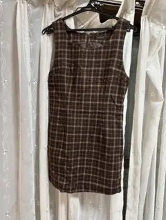 ブラウン チェック柄 ノースリーブ ミニワンピース