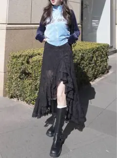 GRL♡完売サイズ♡アシンメトリーレースロングスカート ブラック L