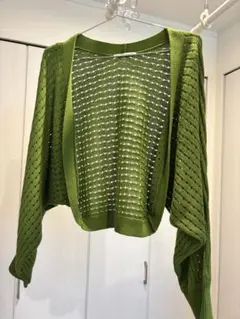 レトロガール　透かし編みグリーンカーディガン