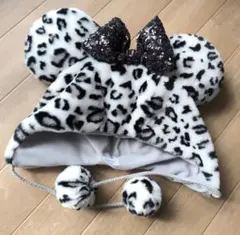 ファンキャップ ヒョウ柄 ホワイト×ブラック スパンコール リボン ミニー