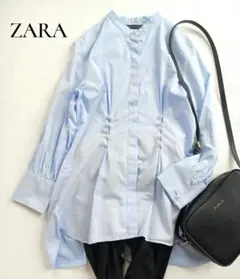 ZARA　ザラウーマン　パールボタンバンドカラーシャツ　比翼　丈長め　ブルーのサムネイル