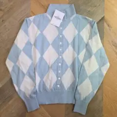【新品】HERHIS水色・白 ダイヤモンドパターン 長袖シャツ　y47