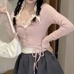 バレエコア 韓国風 カーディガン ピンク シズニルック 長袖 秋