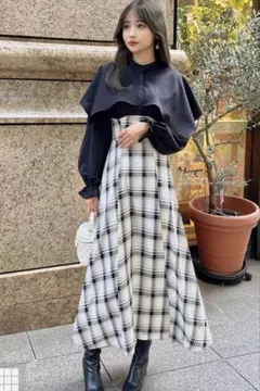 ケープカラー チェック柄 ドッキング ロング ワンピース　k9379f GRL