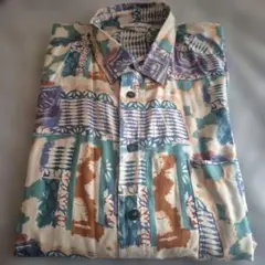 古着　総柄シャツ　アート　幾何学 ポリシャツ　 長袖シャツ シルク100%