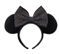 美品 ディズニー カチューシャ 黒 ラインストーン カラフル ミニー