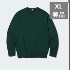 ユニクロ　エクストラファインメリノＶネックセーター　ダークグリーン　XL