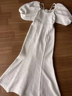 新品リエンダツイード白ホワイト パフスリーブ マキシドレスM