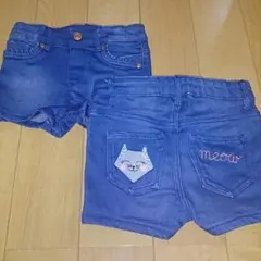新品 74 95  お揃い 猫 デニムショートパンツ