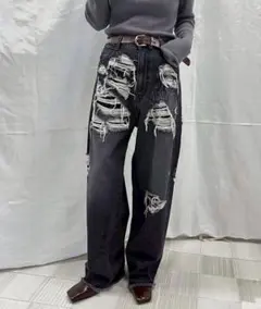 ハート柄 レオパード ワイドデニムパンツ ブラック - メルカリ