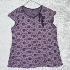 花柄ラウンドネックトップス　フレンチスリーブ　半袖［LL］パープル