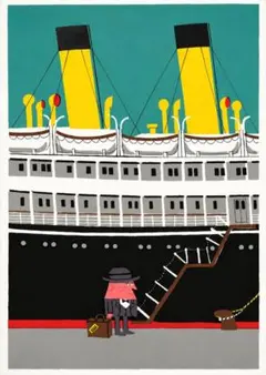 柳原良平　船とアンクル風の人物を描いたイラスト『洋行』 フレーム入りポスター