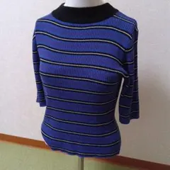青と黒のストライプ 半袖ニット