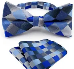 青系チェック柄蝶ネクタイ・ポケットチーフセット　発表会　バーテンダー　ワンタッチ