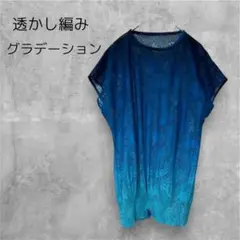 透かし編み 透け感 グラデーション 総柄 葉柄 ボタニカル 青 ブルー系