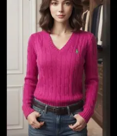 RALPH LAUREN SPORT ケーブルニット Vネック ピンク M