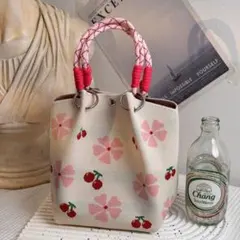 ニットバッグ チェリー ハンドバッグ ロープハンドル ピンク さくらんぼ 花柄