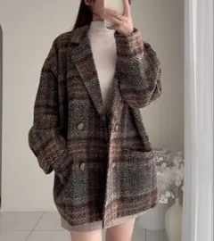 ブラウン系チェック ダブルブレスト コート F