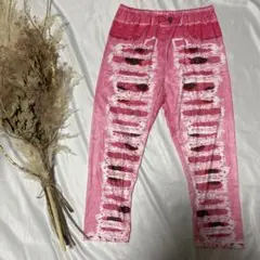 ダメージジーンズ風レギンス 【5XL】ピンク レッグウェア 大きめ ビッグサイズ