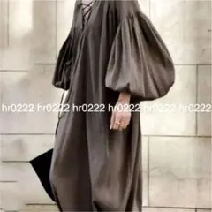 ボリュームスリーブレースアップロングワンピース★長袖 Vネック フレアー マキシ