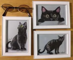 黒猫 手描きアクリルミニ絵画原画 3点セット（立て掛けフレーム付き）