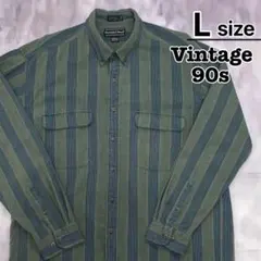 90s　USA古着　ボタンダウンシャツ　L　グリーン　ストライプ　コットン　長袖