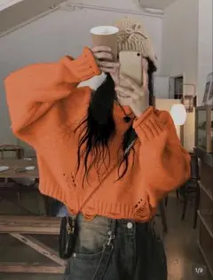 shein ダメージ入りセーター　オレンジ　XS