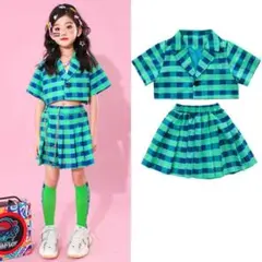 キッズダンス衣装　グリーン チェック柄 女の子 セットアップ 上下セット 130