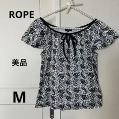 ROPE リボン　トップス　カットソー　ラッフルスリーブ　ペイズリー　M