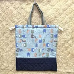 ハンドメイド　動物柄の体操服袋　バッグ　巾着袋　青　持ち手付き巾着袋