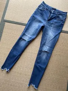 ジーナシスダメージ加工スキニージーンズ ダークブルー