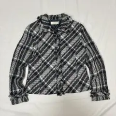 美品ESPIE 高級ウールシルク混ツイードジャケット フリンジ チェック 紺 Mのサムネイル
